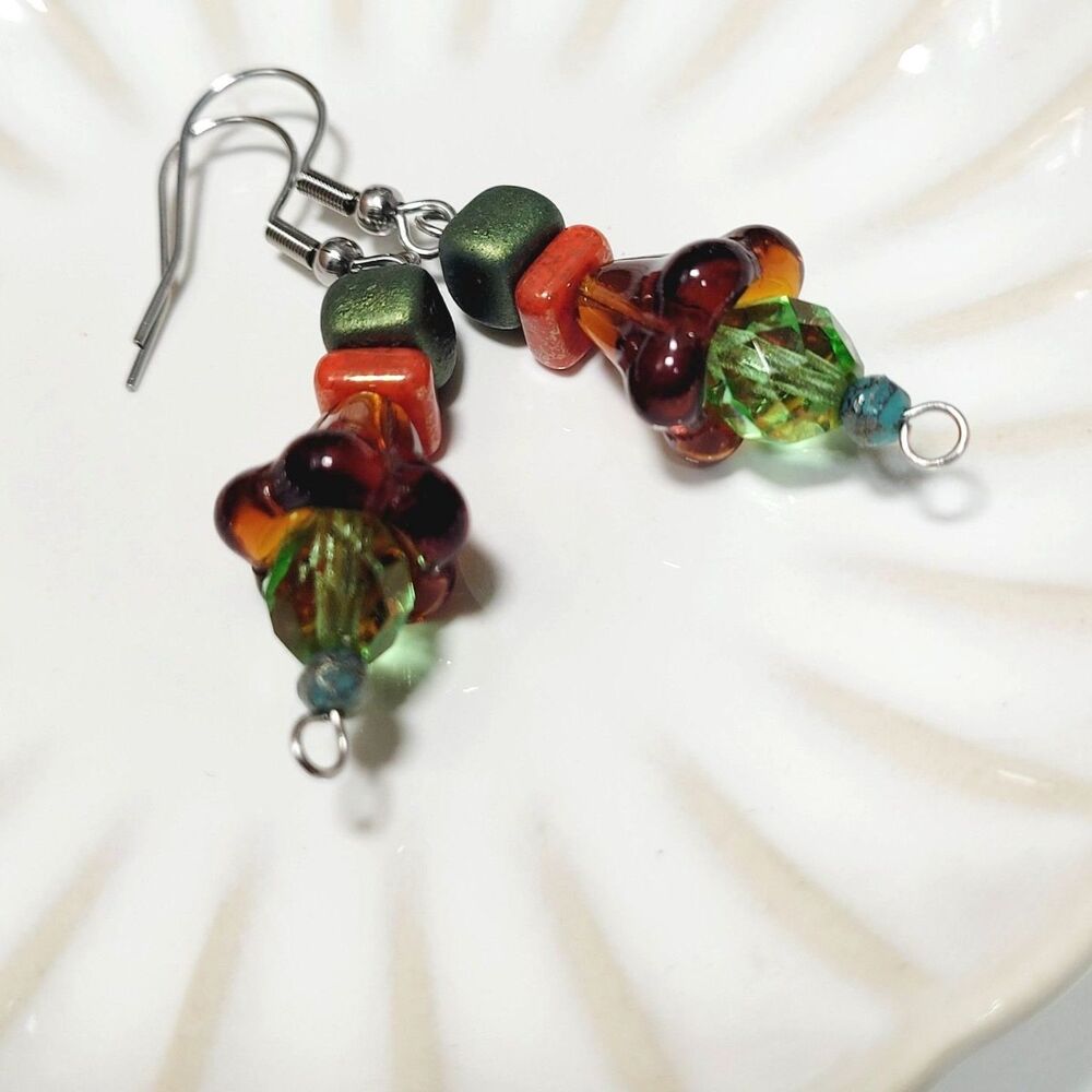 Brown Glass Stainless Steel Hooks Secret Lore earrings Fairycore Handmade 688■